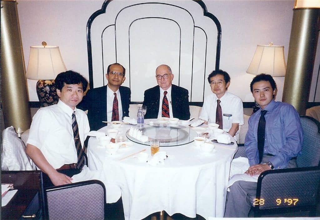 Fukuoka, Japan 1997: Professor Donald Gass the best known specialist of macular diseases in the world is guest of honour to Kyushu University with his hosts in Japan, to his left Professor Hajime Inomata, Dr Yuji Oshima, and on his right Drs Toshiaki Kubota, Ahmad Khalil