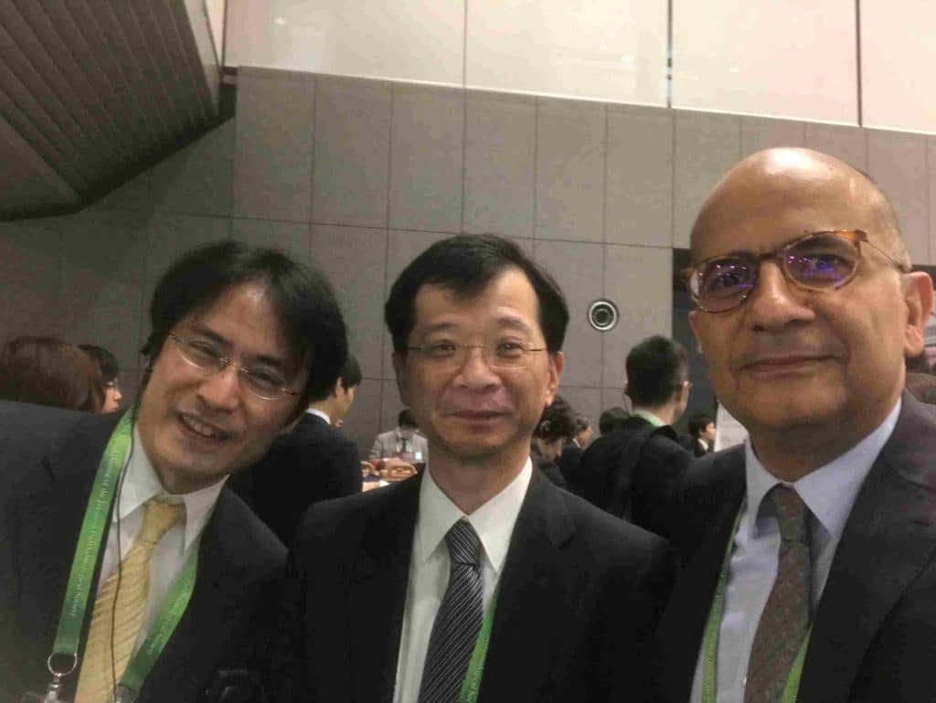 Tokyo, Japan 2019: Dr Ahmad Khalil meeting old friends at the 123 Meeting of the Japanese Opthalmogical Society: Professor Toshiaki Kubota; Head of the Department of Oita University and a renowned glaucoma expert, and Professor Yoshida Head of the Department of Kurume University