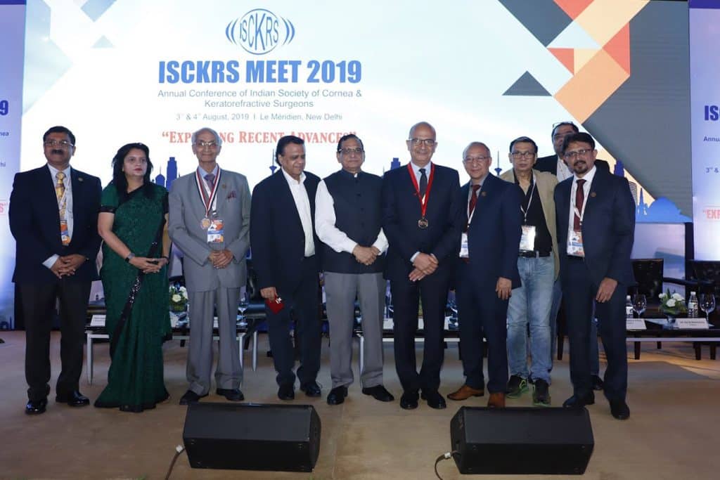 New Delhi, India 2019 at the Indian Society of Cornea & Keratorefractive Surgeons: Prof Ahmad Khalil receives Gold Medal from Profs Jeewan S Titiyal and Rajesh Sinha